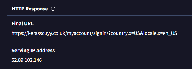 Una captura de pantalla de VirusTotal que muestra una respuesta HTTP, con la URL final y la dirección IP de servicio proporcionadas