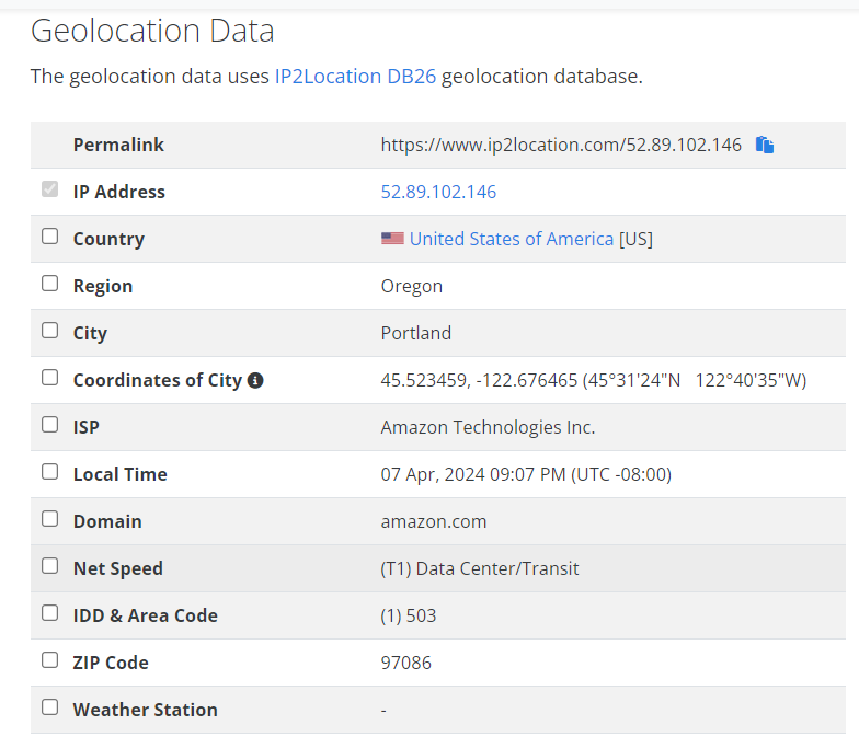 Captura de pantalla de una búsqueda geoIP de una dirección IP, que muestra que se originó en Portland, Oregón