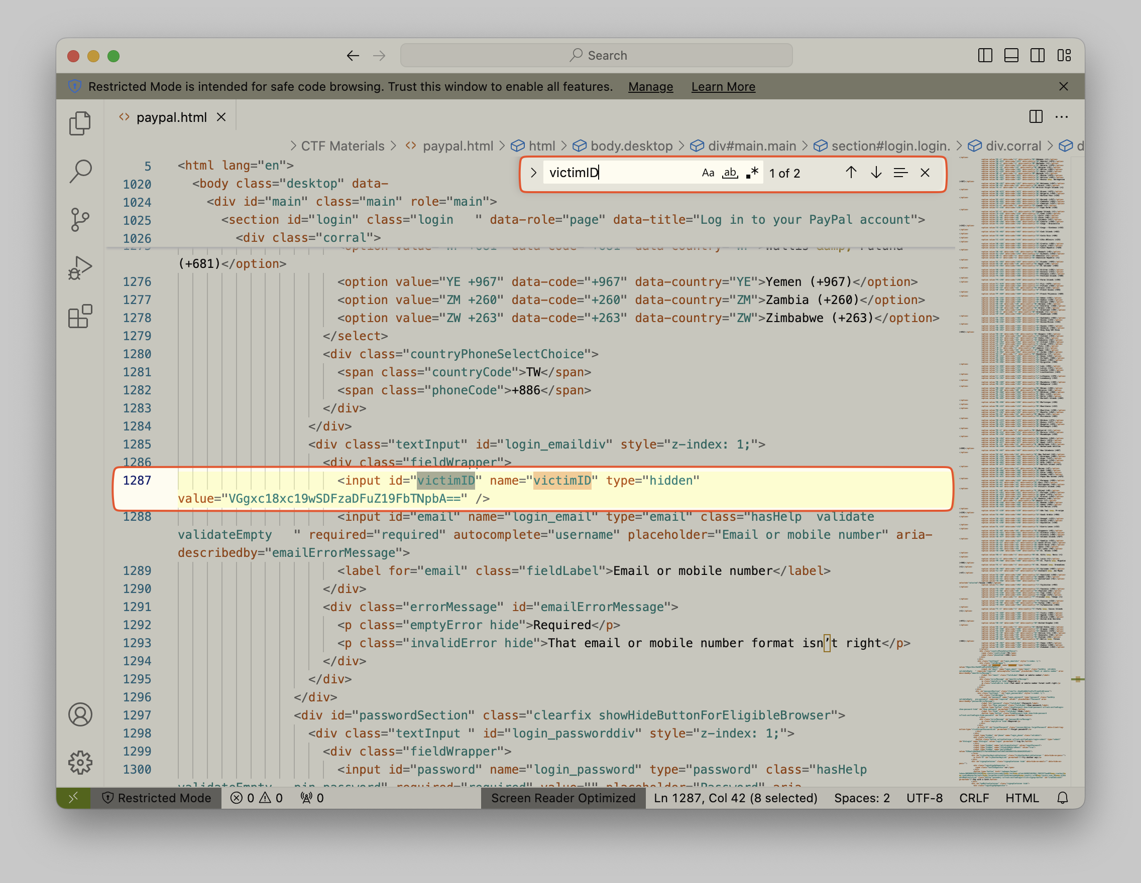 Una captura de pantalla de alguien que busca en el archivo de texto sin formato abierto en el Bloc de notas y encuentra un elemento de datos llamado “victimID”