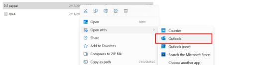 Menú de clic derecho de Windows que muestra Abrir con -> Outlook