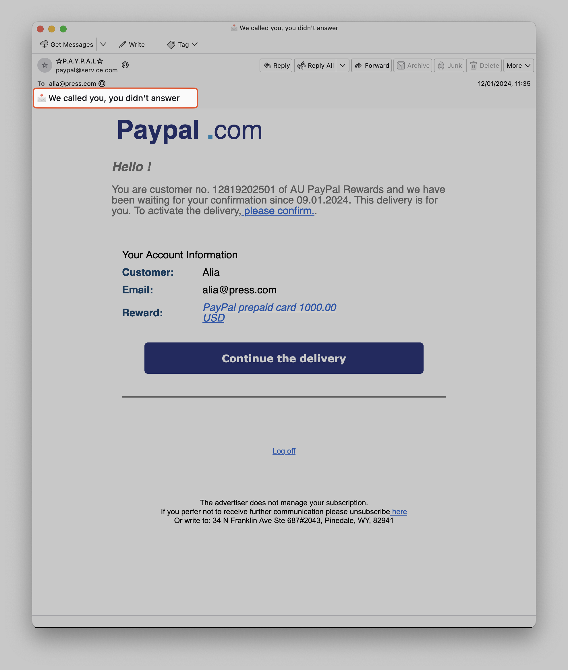 Una captura de pantalla del correo electrónico en cuestión, resaltando su línea de asunto.