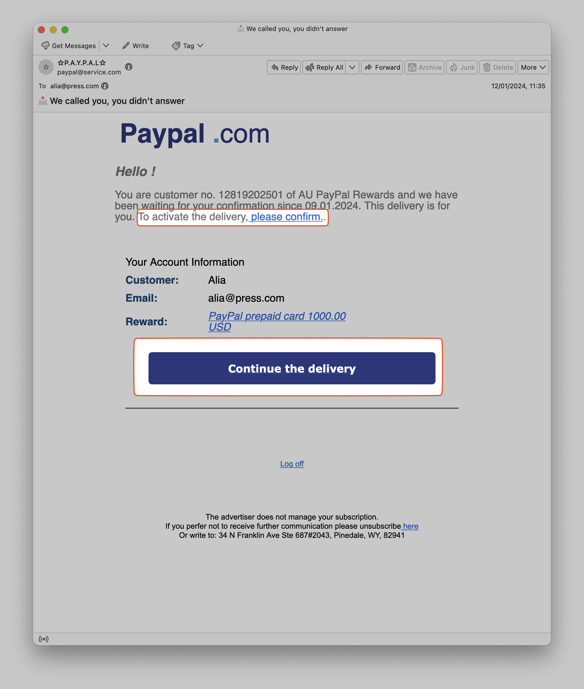 Una captura de pantalla del correo electrónico con lo siguiente subrayado: “detected suspicious activity”, “payments have been suspended”, “complete account verification” “resume payments”