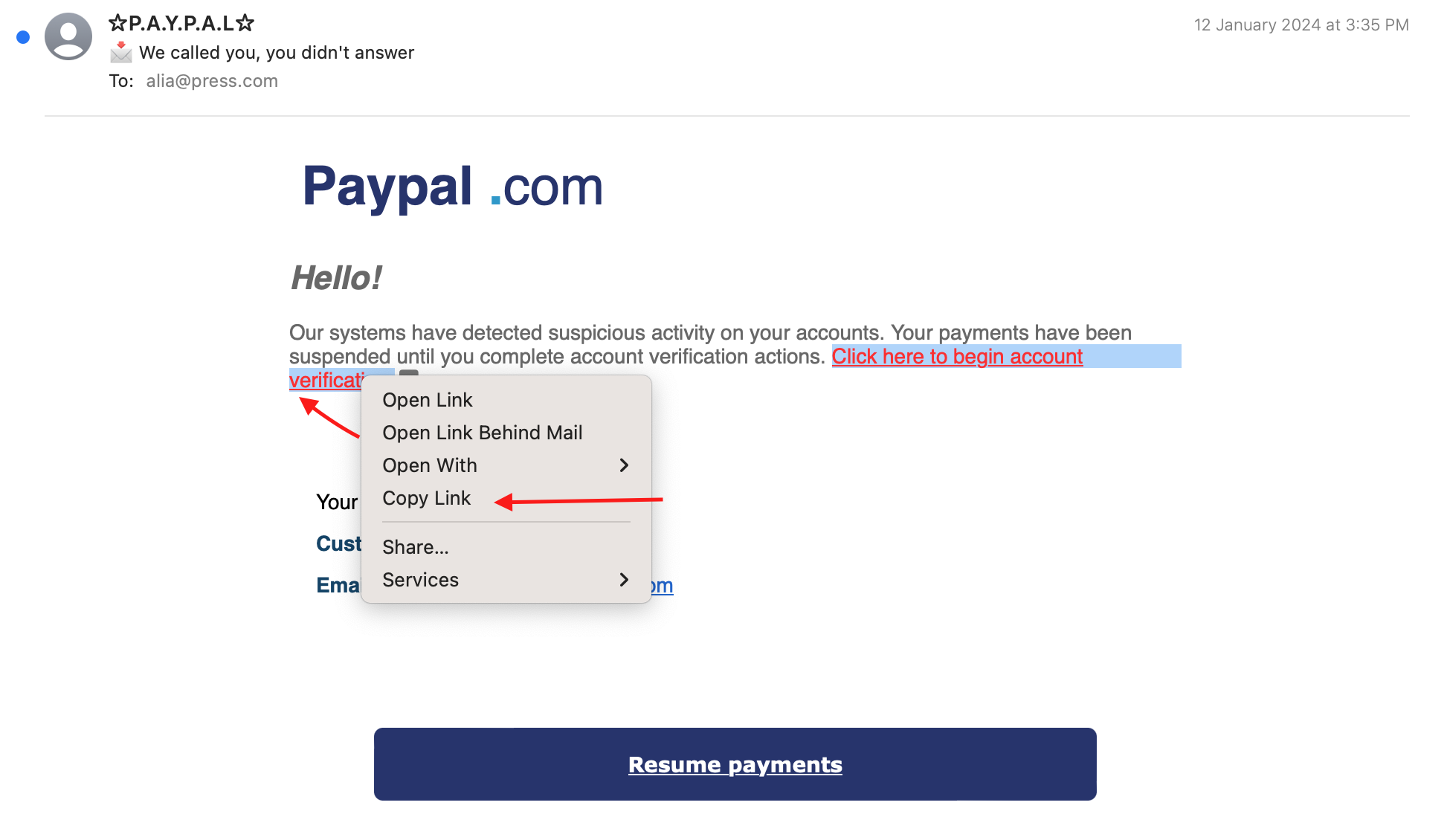 Una captura de pantalla de cómo hacer clic derecho en un correo electrónico y luego presionar “copy link”