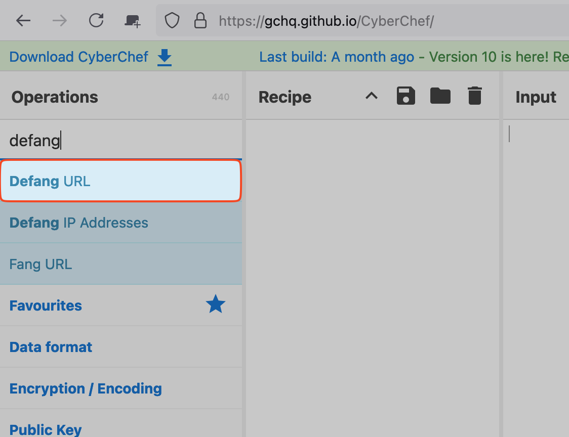 Una captura de pantalla de CyberChef, con la palabra “defang” escrita en su barra de búsqueda