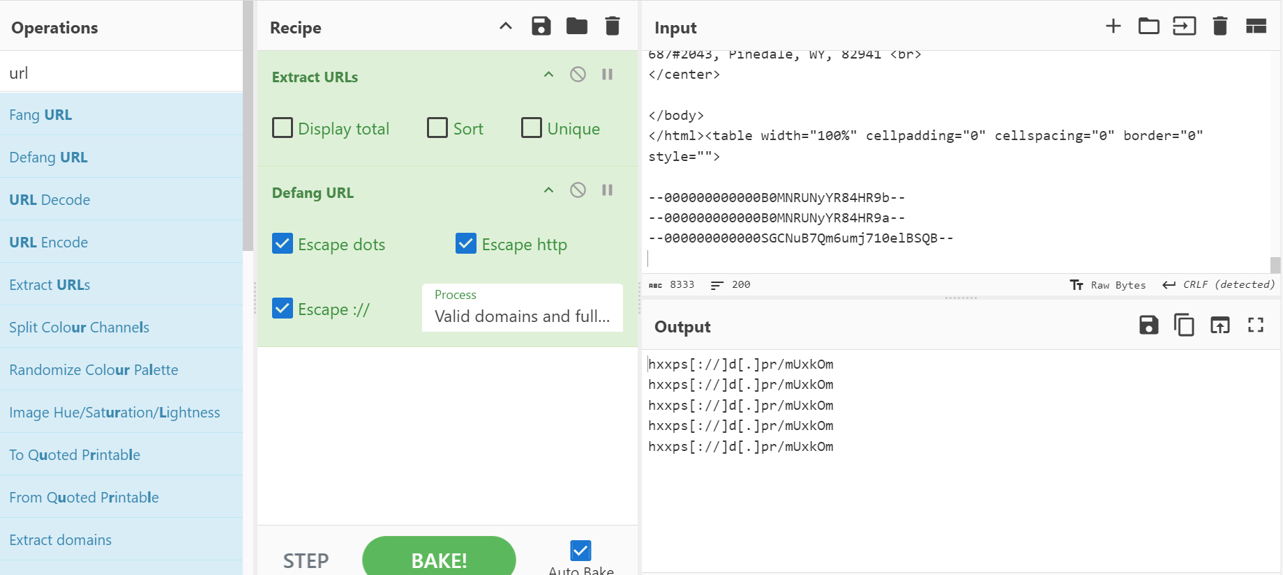 Una captura de pantalla de una receta de CyberChef que primero extrae todas las URL de un archivo de texto y luego las limpia