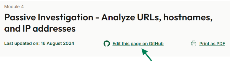 Parte superior de la página de un módulo de ruta de aprendizaje con una flecha que apunta a un enlace que dice “Edit this Page on GitHub”