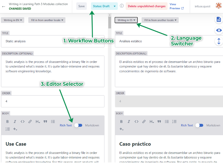 La vista del editor, que muestra botones de flujo de trabajo que permiten al usuario alternar entre borradores y texto listo para publicar, un selector de idioma que alterna entre diferentes versiones de idioma y un selector que permite al usuario elegir si está editando en texto enriquecido o en formato Markdown.