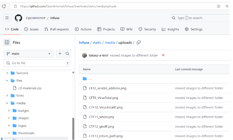 GitHub, ha abierto el repositorio Infuse y la carpeta static/media/uploads. La carpeta contiene una serie de archivos png, que son utilizados por la página web