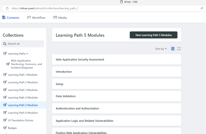 El CMS utilizado para Infuse. En la parte superior izquierda, hay tres pestañas: “Contents”, “Workflow”, “Media