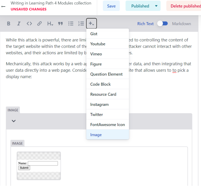 El CMS utilizado para Infuse en modo de edición de texto enriquecido. El menú del editor tiene un pequeño botón con forma de signo más. Una vez presionado, se despliega un submenú que permite al usuario ingresar diferentes tipos de contenido, incluidos medios e imágenes. En la imagen, el cursor flota sobre un elemento del submenú llamado “imagen”.